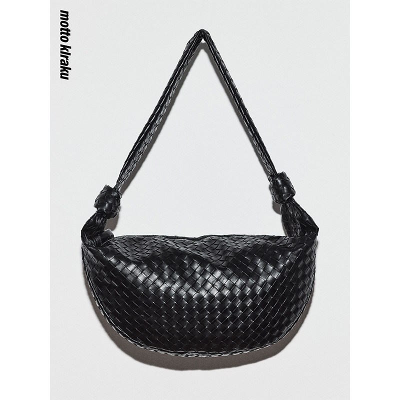 MottoKiraku 原创黑色编织包皮斜跨牛角包可颂包托特包皮包,箱包皮具/热销女包/男包,编织包,淘宝优惠券,粉丝福利购,淘宝优惠卷