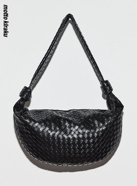 MottoKiraku 原创黑色编织包皮斜跨牛角包可颂包托特包皮包