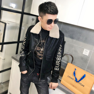 1冬季加绒毛领修身印花皮衣男社会小伙夹克外套301B-PY14-P130图片