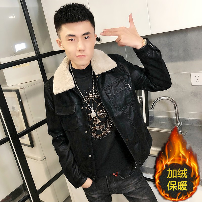 3冬季加绒毛领修身水洗皮衣男社会小伙夹克外套301B-PY15图片