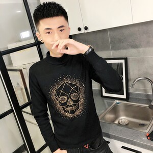 4骷髅烫钻针织衫毛衣冬季社会小伙男半高领打底衫C301B-MY18图片