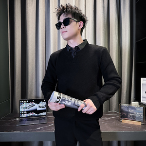 101B-MY105-P75秋冬社会毛衣衬衫领假两件男士休闲针织打底衫2图片