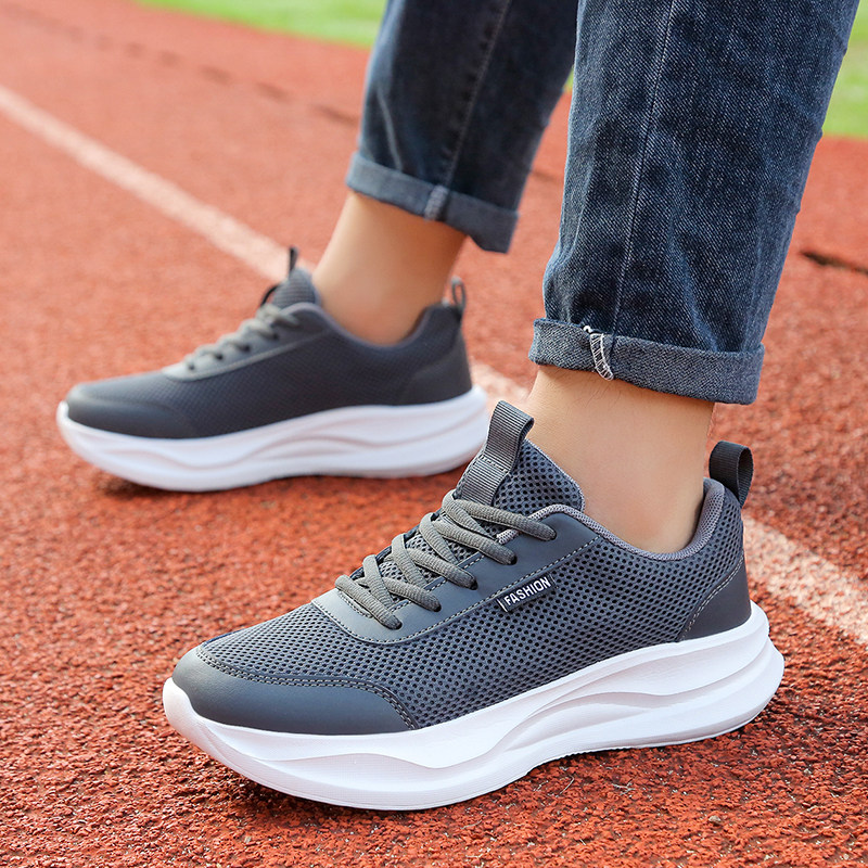 夏季新款网面男鞋大码厚底黑色男士休闲运动鞋黑色轻便旅游鞋跑鞋