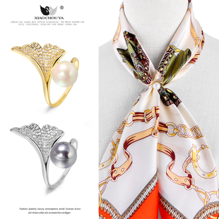 高级感锆石珍珠银杏叶开口可调节丝巾扣环多功能围巾披肩扣配饰品