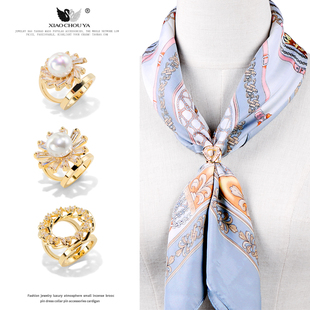 高端迷你双环丝巾扣简约百搭小方巾奢华珍珠女小号衣角打结扣环新