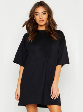 ins街头潮款长款加大码胖MM300斤宽松纯黑色短袖T恤女纯棉显瘦