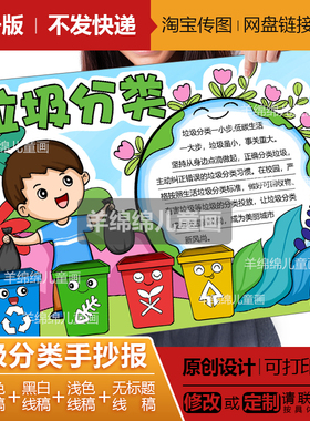 垃圾分类手抄报电子版线稿打印绿色环保低碳地球日生态电子板报