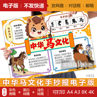 中华马文化手抄报模板电子版黑白线稿打印涂色马的成语马字的演变