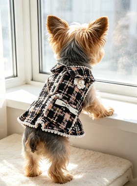 小香风珍珠背包裙狗狗衣服约克夏比熊泰迪秋冬季公主宠物连衣裙