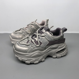 时髦百搭厚底炸街运动休闲鞋 品牌撤柜真皮洋气水钻老爹鞋 女2025款