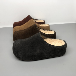 撤柜真皮复古勃肯鞋半拖女2025冬季新款外穿牛皮穆勒拖鞋加绒棉鞋