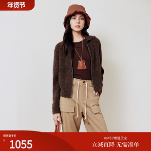 firststation优雅翻领花纱宽松短款针织开衫毛衣女25冬新款9128A