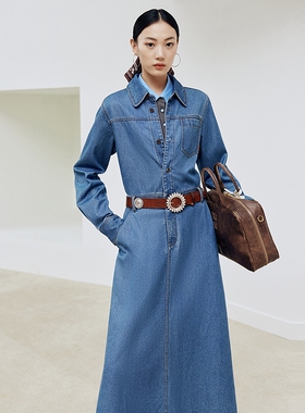 firststation复古衬衫领正肩袖长款牛仔连衣裙女25秋新款J421A