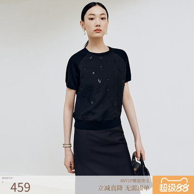 firststation优雅圆领针梭相拼短袖套头针织衫女25秋新款9553A