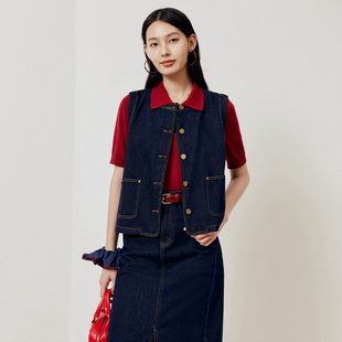 firststation经典复古圆领原牛色宽松牛仔马甲女25秋新款J020A
