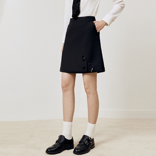 firststation优雅珠钻花卉前开衩A摆短款半身裙女25秋新款3390A