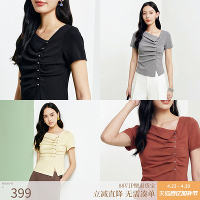 FS休闲一字斜翻领不规则下摆短袖T恤衫上衣26春夏新款女装5327A