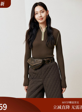 firststation时尚半高领撞色修身羊毛针织毛衣女25冬新款9567A