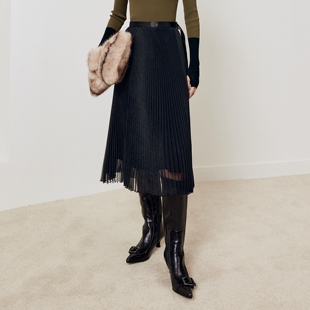 firststation优雅百搭缎面腰头宽松百褶半身裙女25秋新款 3420A