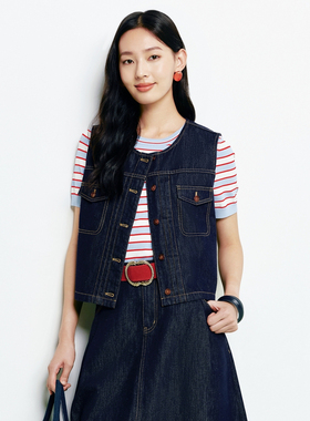 FS复古圆领单排扣工装风宽松短款牛仔马甲26春夏新款女装J073A