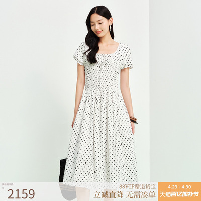 FS时尚微U圆领亚麻波点印花收腰短袖连衣裙26春夏新款女装J660A