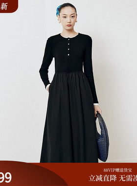 firststation时尚圆领拼接假两件修身长袖连衣裙女25秋新款4620A