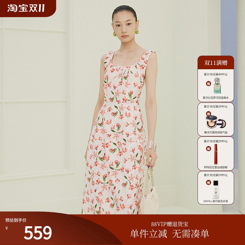 FS优雅方领抽皱宽肩印花无袖连衣裙女25夏新款4123A