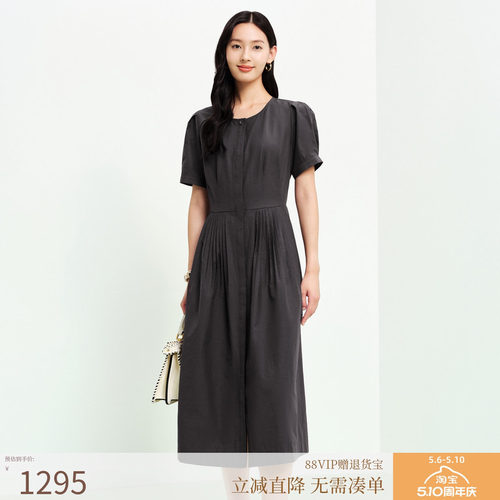 FS优雅圆领灯笼袖腰部捏褶收腰短袖连衣裙26春夏新款女装4652A