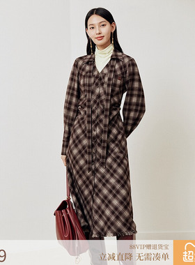 firststation优雅系带领格纹衬衫中长款连衣裙女25秋新款4322A