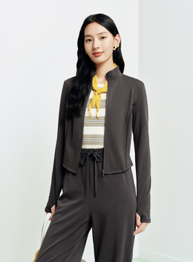 FS休闲立领双头拉链罗纹修身针织长袖短外套26春夏新款女装1296A