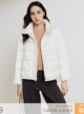 firststation时尚立领貂毛拼接保暖短款羽绒服女25冬新款Y128A