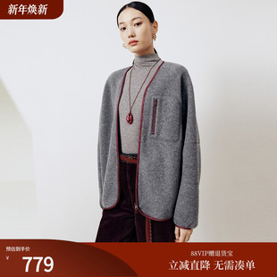 firststation时尚 1221A V领摇粒绒撞色宽松保暖短外套女25秋新款