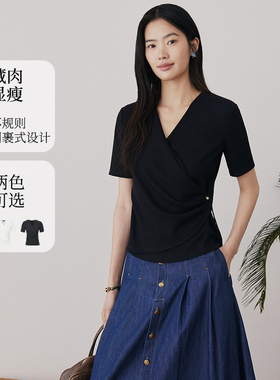 FS时尚V领正肩不规则下摆收腰T恤上衣女25夏新款5382A