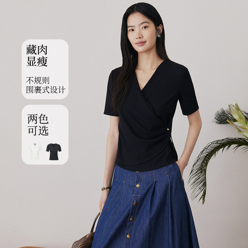 FS时尚V领正肩不规则下摆收腰T恤上衣女25夏新款5382A