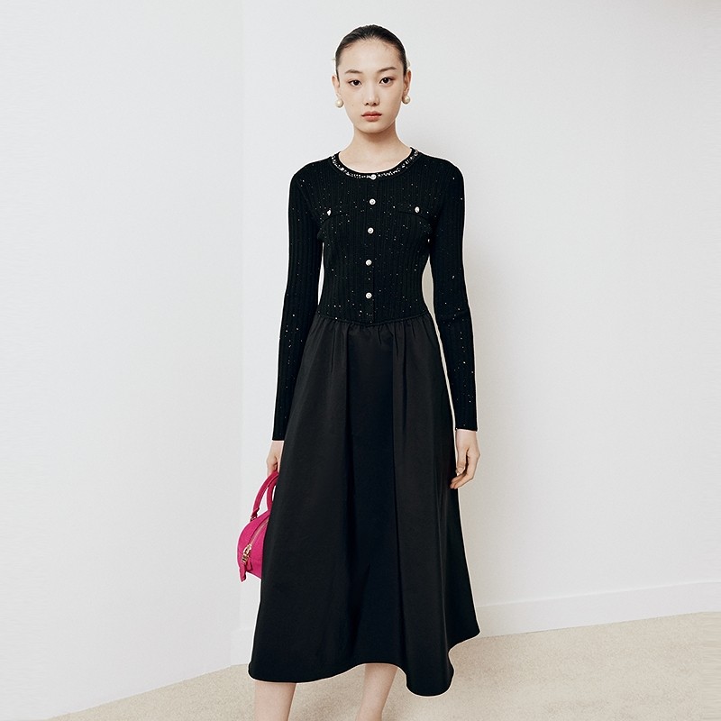 FS优雅圆领小香风拼接针织毛衣连衣裙女25秋新款9460A