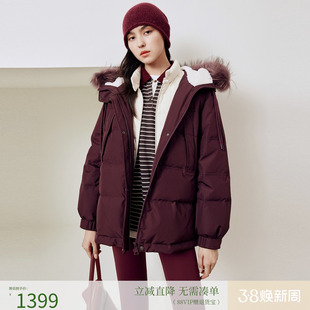 firststation时尚连帽大毛领抽绳保暖短款羽绒服女25冬新款Y920A