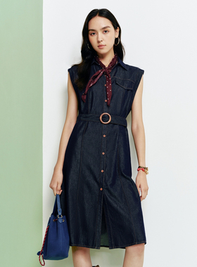 FS经典衬衫领单排扣腰带款无袖牛仔连衣裙26春夏新款女装J421A