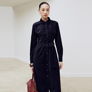 firststation通勤翻领撞色可拆卸腰带衬衫连衣裙女25秋新款4321A