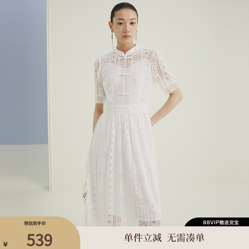 FS时尚新中式盘扣蕾丝修身短袖连衣裙女25夏新款4632A