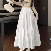 白色裙子女2025新款 半身裙长款 高腰显瘦休闲木耳边拼接a字蛋糕裙