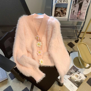 软糯水貂绒针织开衫 秋冬季 女慵懒温柔风立体花朵扣v领毛衣外套