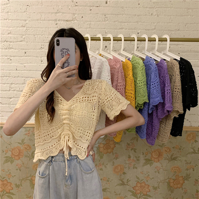 镂空短款针织上衣V领套头