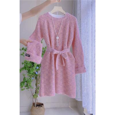 高级感系带蝴蝶结针织洋装女秋新款宽松显瘦洋派套头毛衣中长版