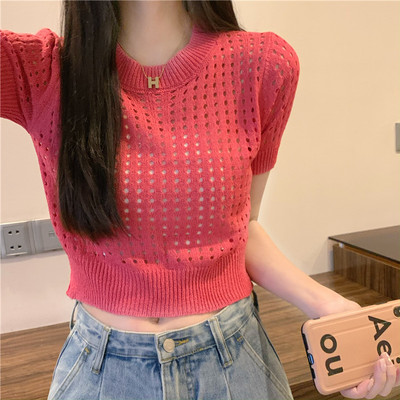 镂空针织短袖T恤女2025夏季泽西风甜美辣妹瓜红色短款小个子上衣