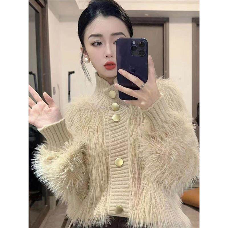 机能风辣妹小香风高领毛毛毛衣外套显瘦休闲百搭长毛拼接针织开衫,女装/女士精品,毛针织衫,淘宝优惠券,粉丝福利购,淘宝优惠卷