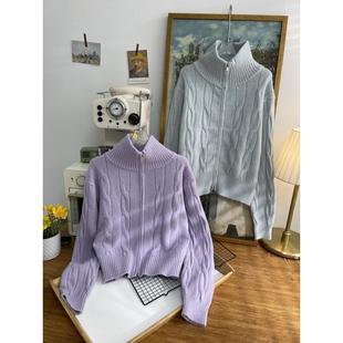 外套 纯色慵懒风麻花毛衣女高领拉链宽松针织开衫 2025秋冬新款 韩版