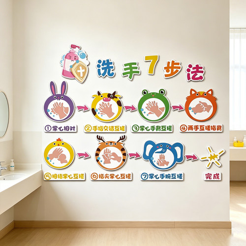 七步洗手法墙贴纸幼儿园卫生间亚克力厕所托管环创主题墙面装饰画
