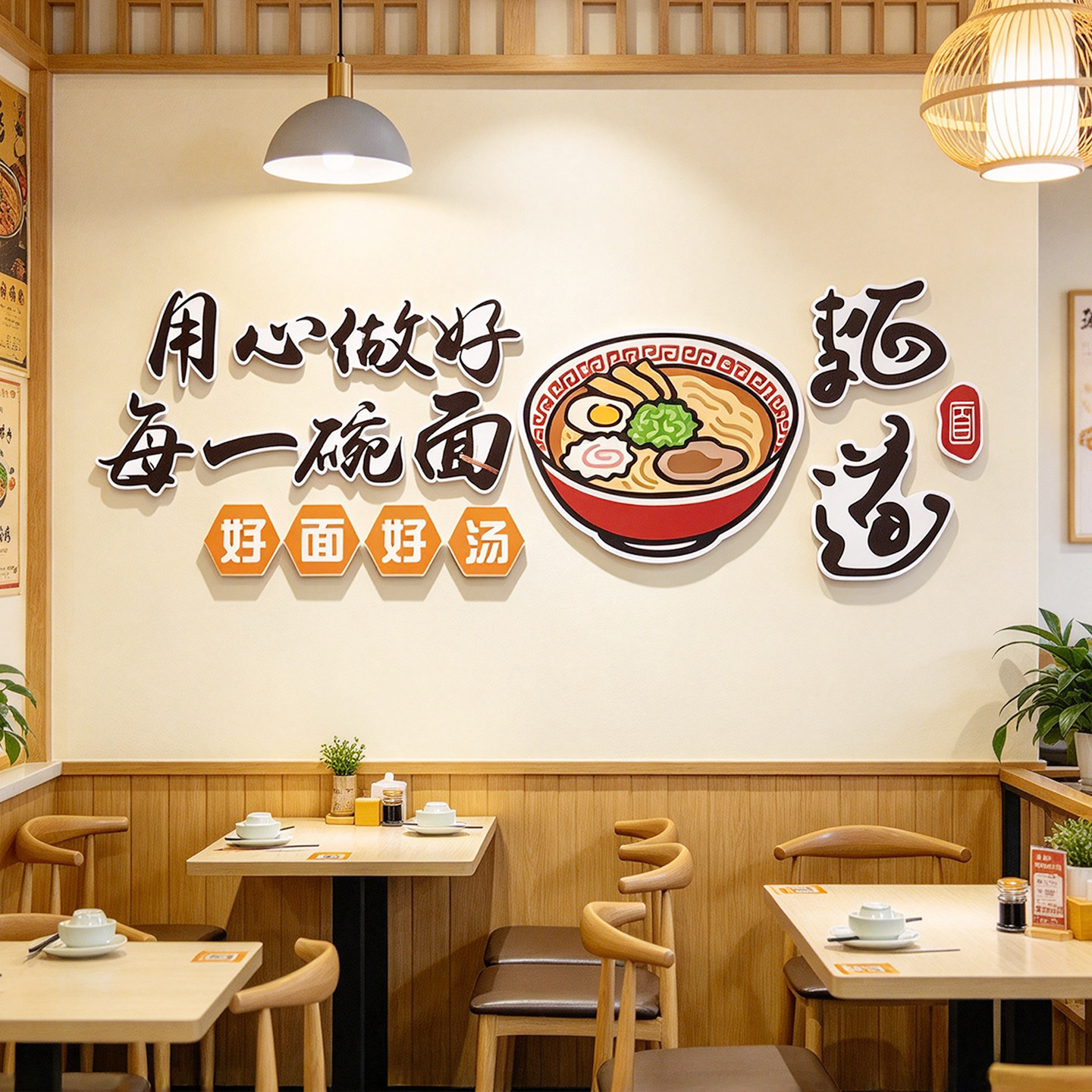 网红面馆墙面创意广告3d贴纸画早餐沙县馄饨小吃店墙壁装饰品布置