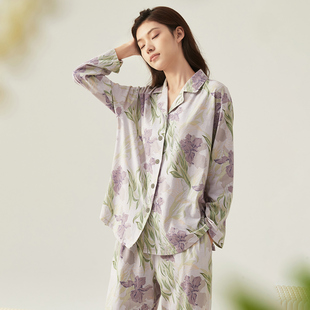 开襟家居服套装 顶瓜瓜正品 长裤 睡衣女春夏季 100%棉可外穿 纯棉长袖