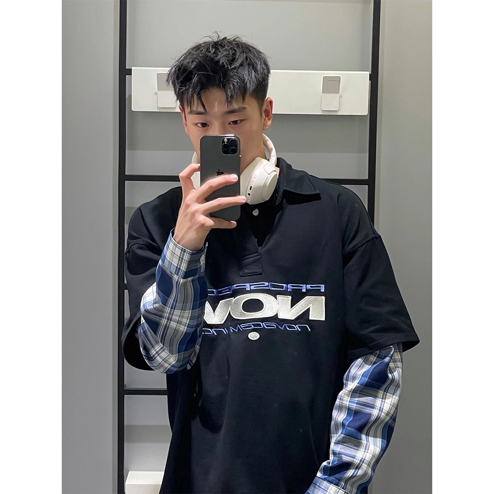 美式格子拼接假两件卫衣男秋季潮牌长袖polo衫t恤设计感小众外套